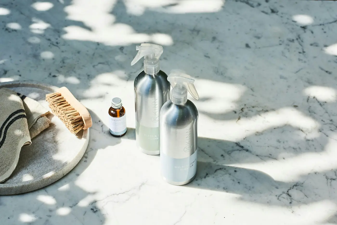 Cleaning bottles on a marble counter